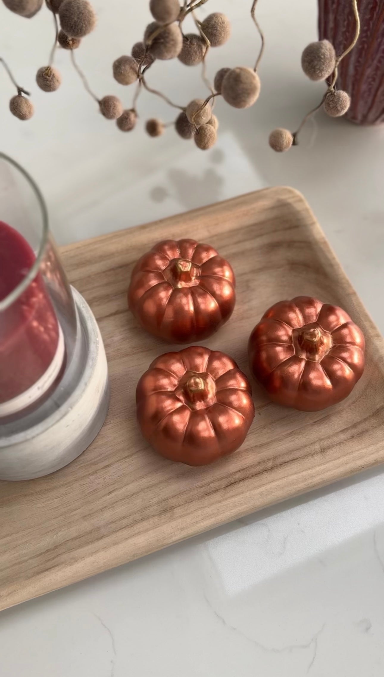 Deep Orange Metallic Pumpkins on wooden tray