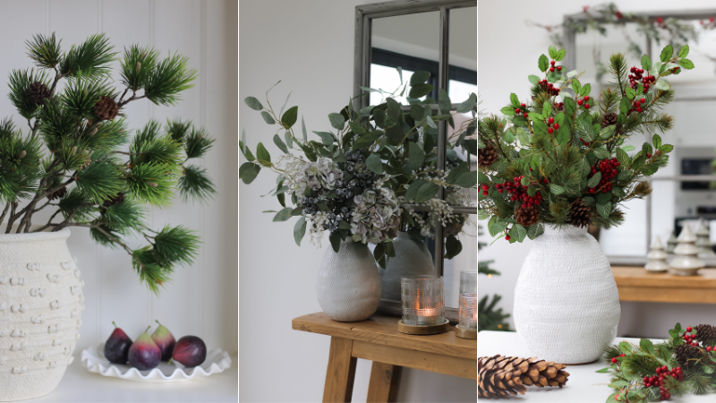 faux christmas flowers with ceramic vases