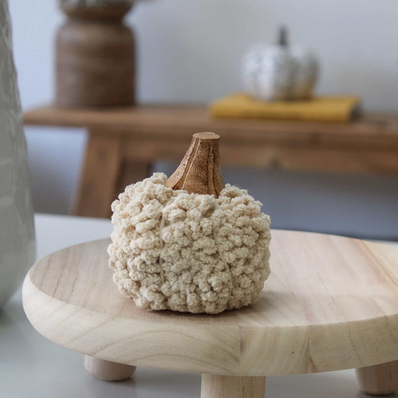 IMPERFECT - Neutral Cotton Pumpkin with Wooden Stalk