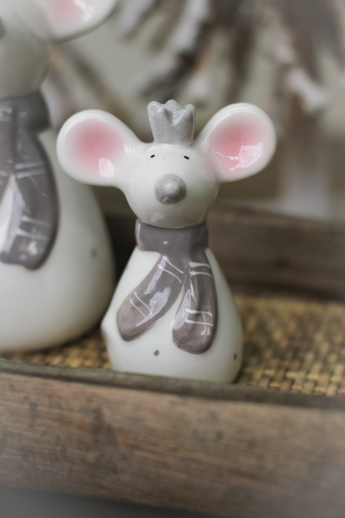 Ceramic Winter Mice with Crowns | Set of 2