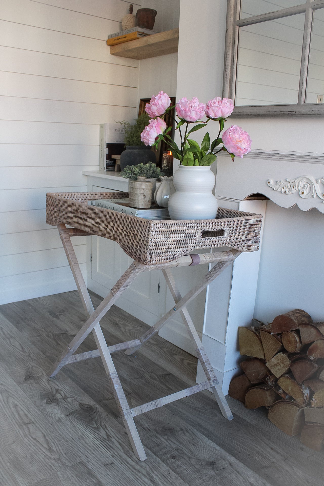 White Washed Natural Rattan Butler Tray with Legs