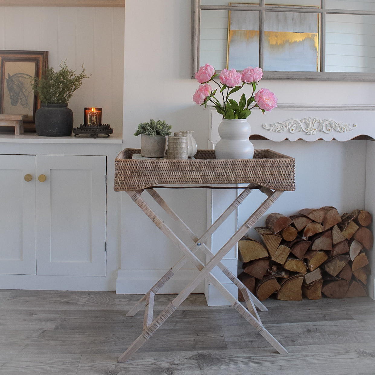 White Washed Natural Rattan Butler Tray with Legs