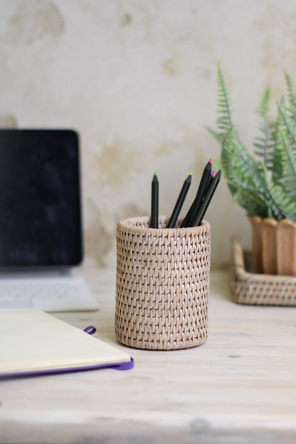 White Washed Rattan Storage Pot