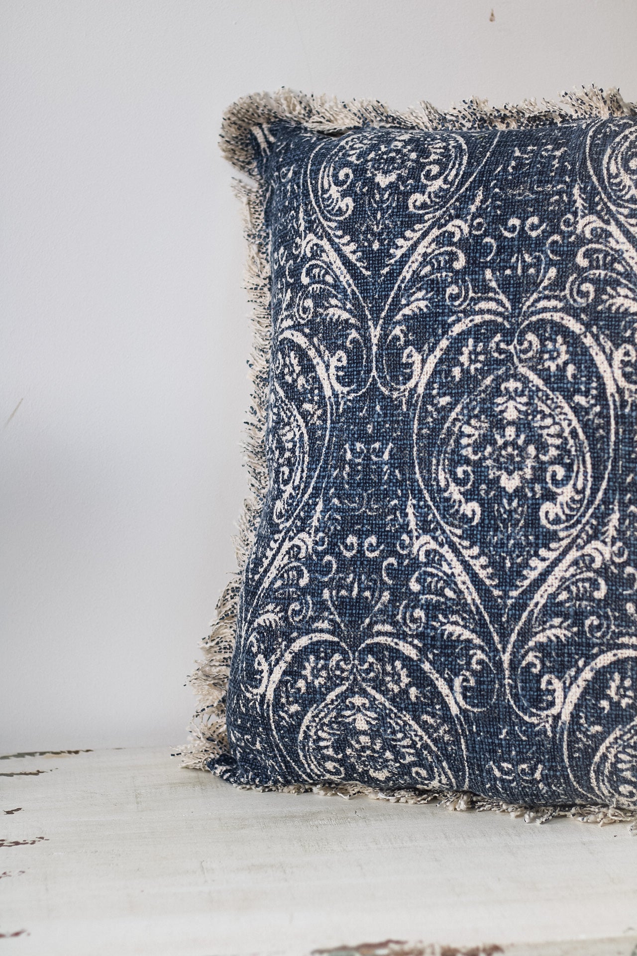 Blue Damask Fringed Cushion 009