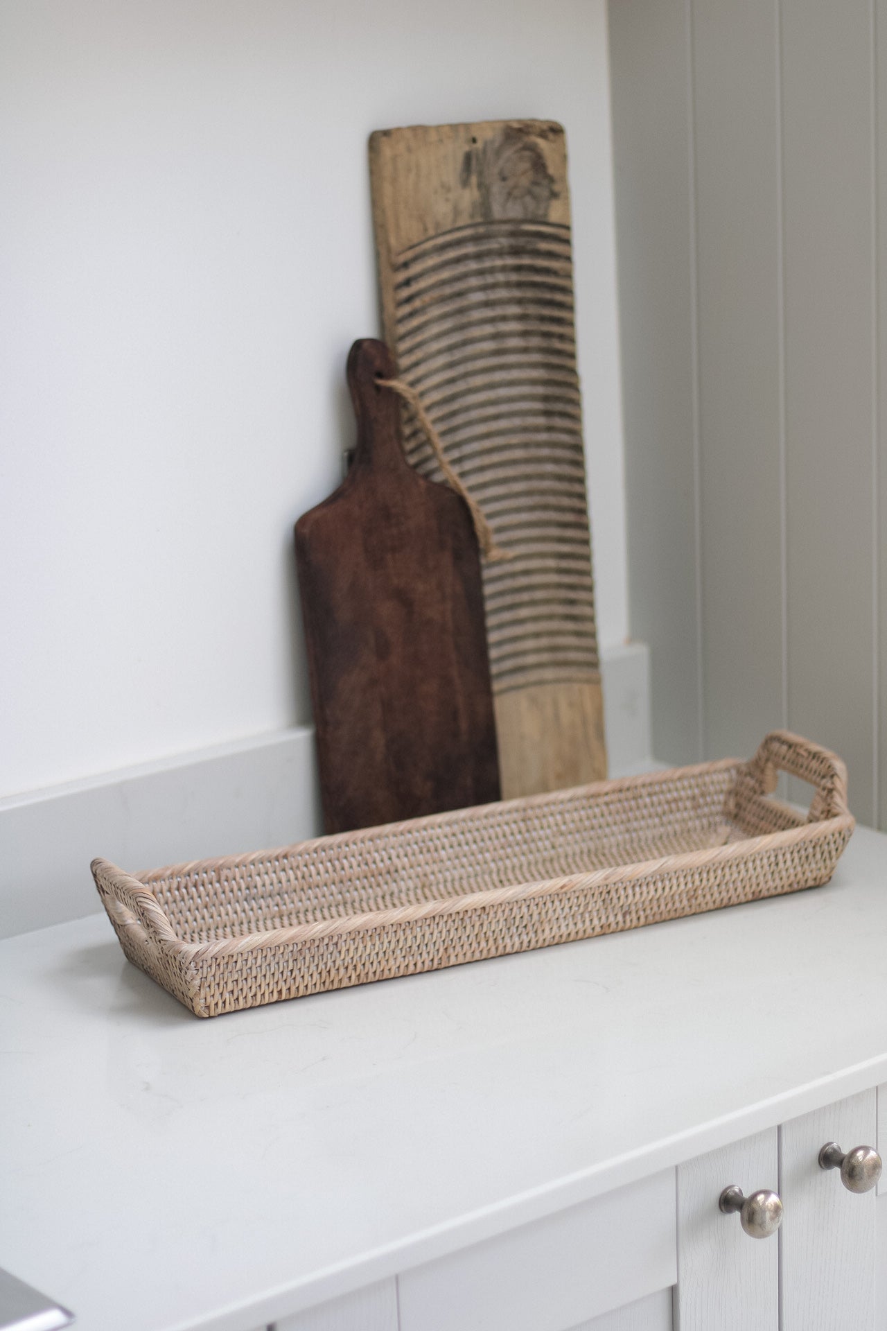 White Washed Natural Rattan Narrow Tray