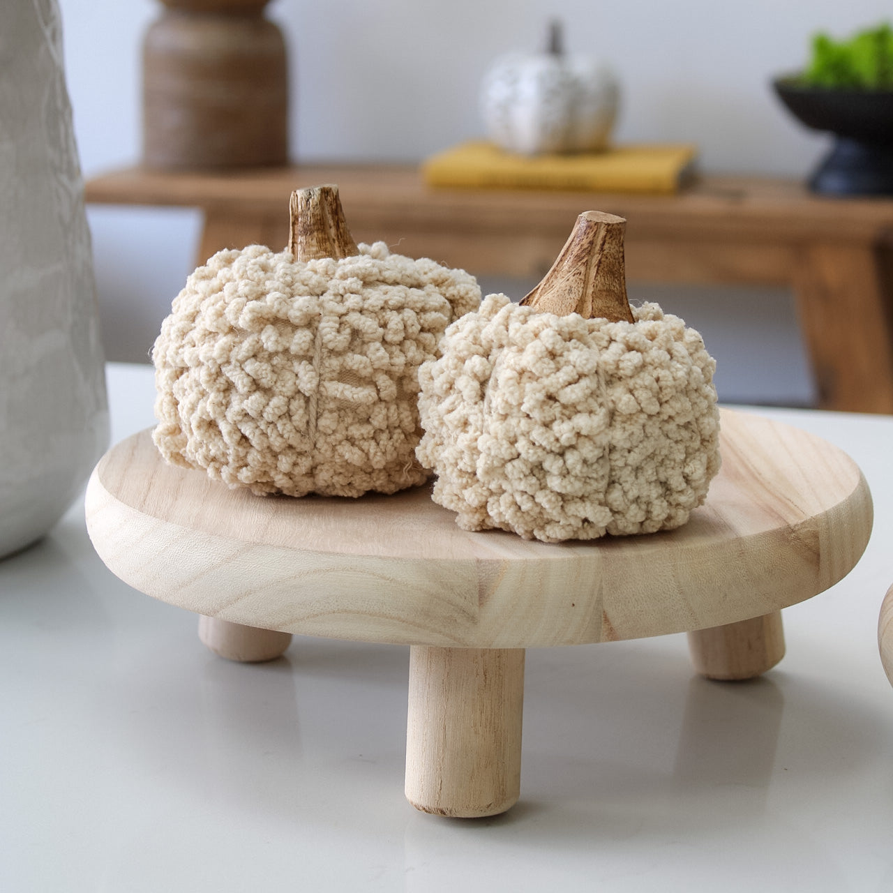 IMPERFECT - Neutral Cotton Pumpkin with Wooden Stalk