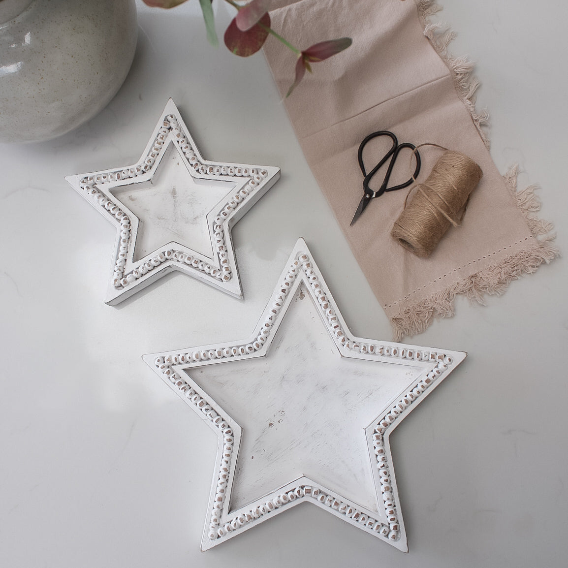 White Wooden Beaded Star Trays | Set of 2