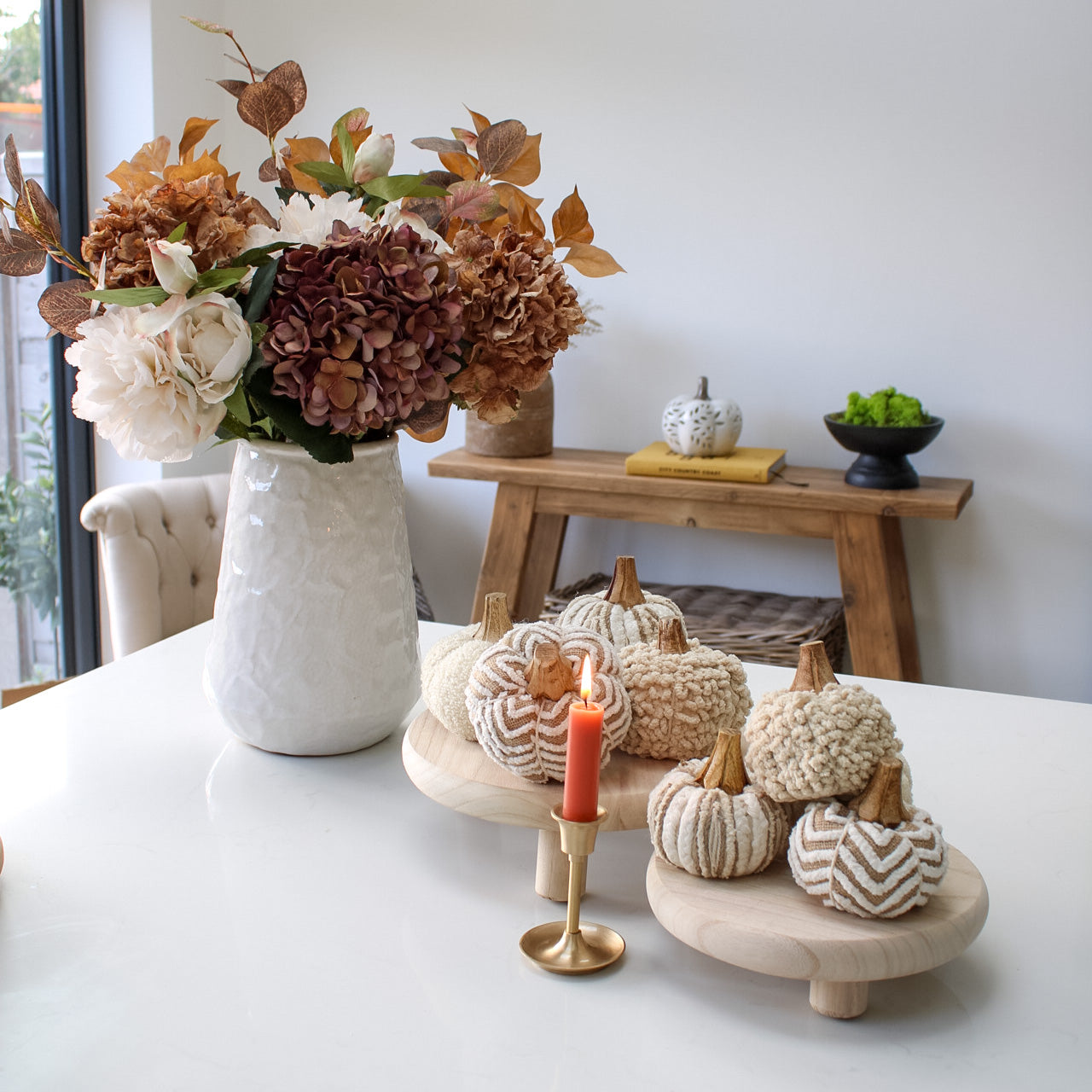 IMPERFECT - Neutral Cotton Pumpkin with Wooden Stalk