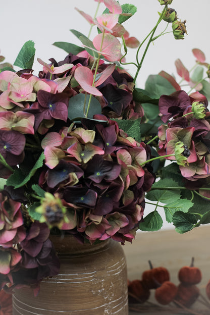 Faux Fig and Olive Hydrangea with Blush Eucalyptus and Blackberries Arrangement