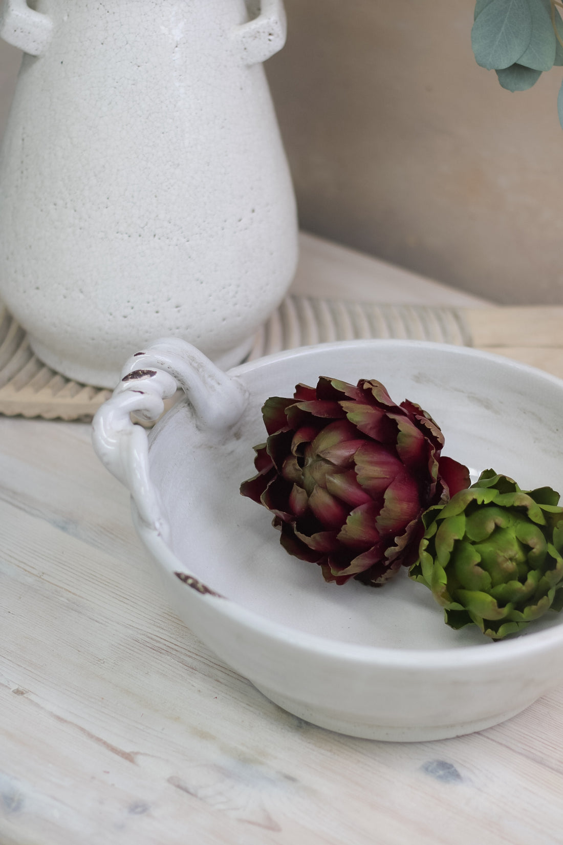 White Ceramic Bowl with Twisted Handles