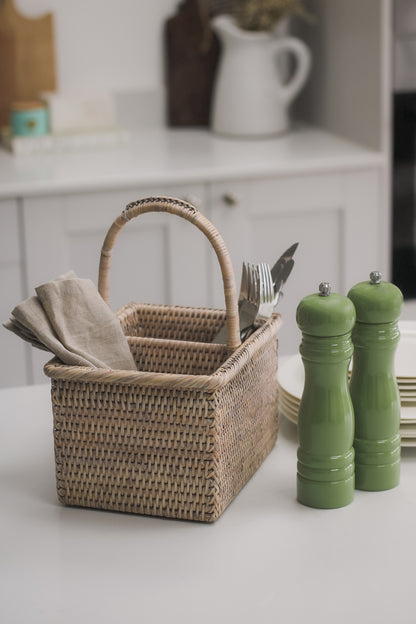 White Washed Rattan Flatware Caddy