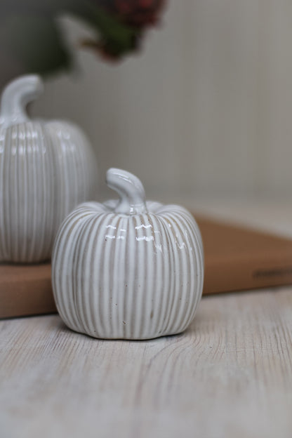 Cream Ribbed Ceramic Pumpkin