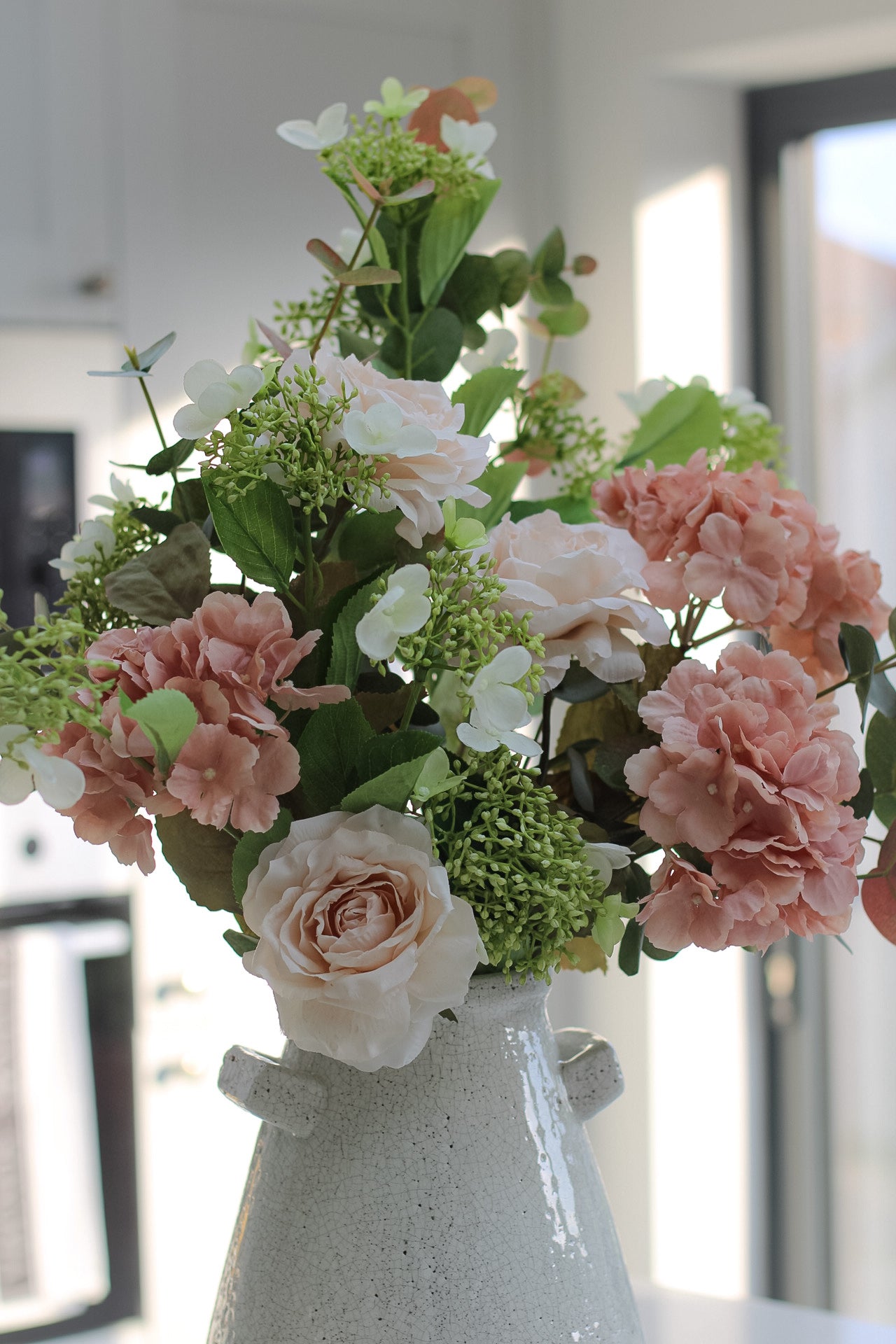 Faux Muted Blush Rose and Hydrangea Arrangement