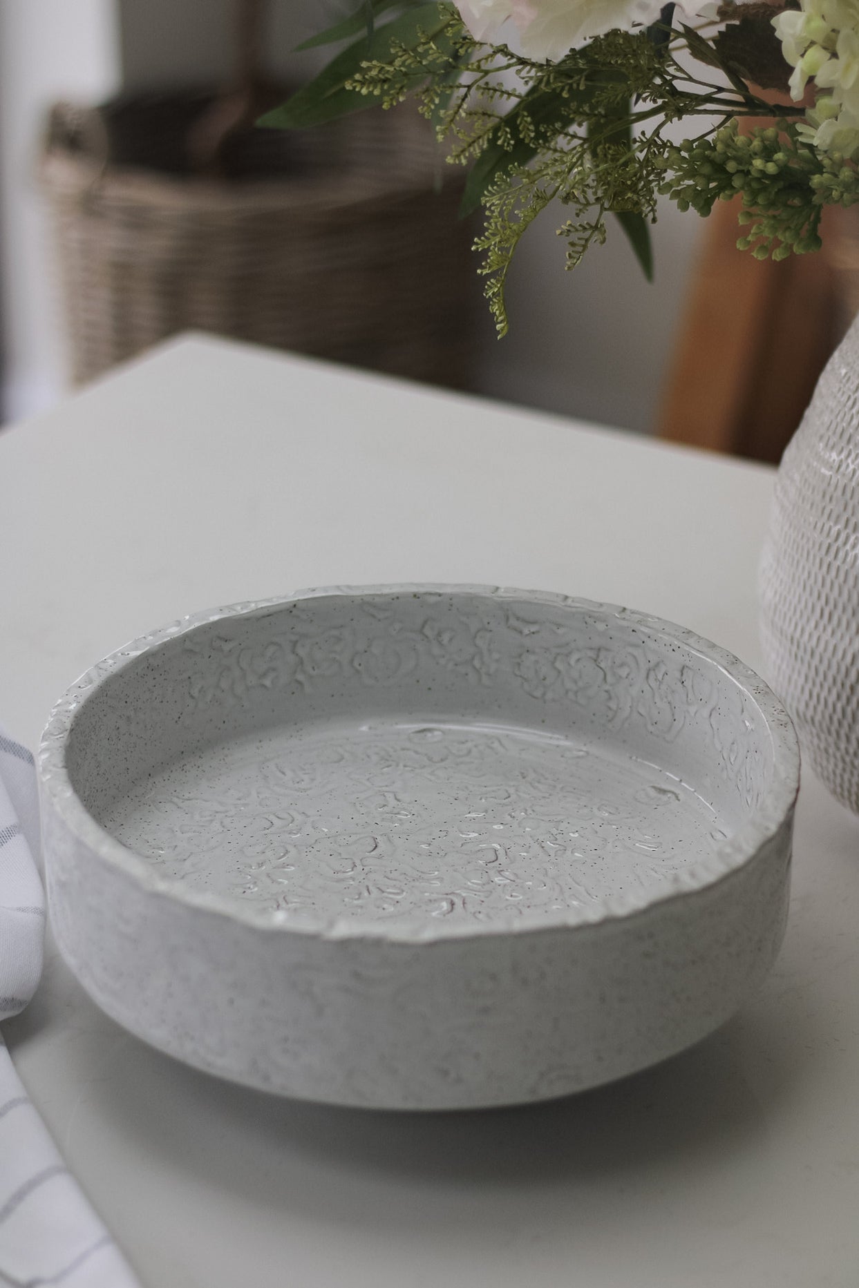 up close of Soft Grey Textured Pedestal Bowl