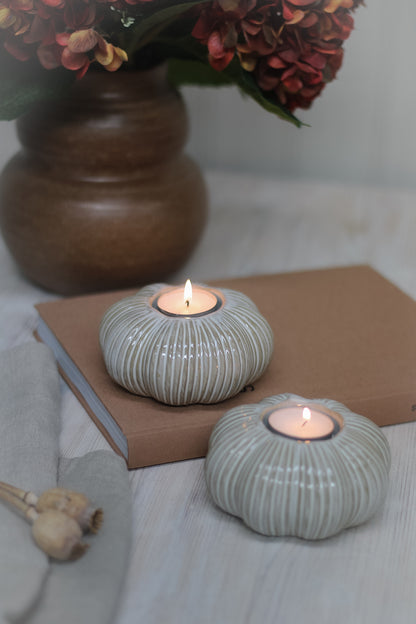 Cream Ribbed Ceramic Pumpkin Tea Light Holder