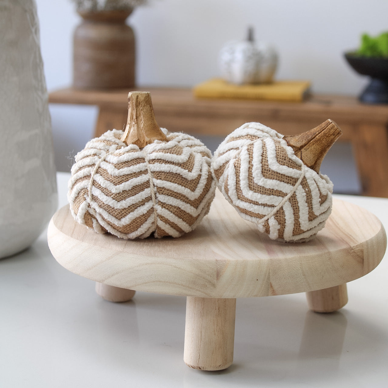 IMPERFECT - Neutral Cotton Pumpkin with Wooden Stalk