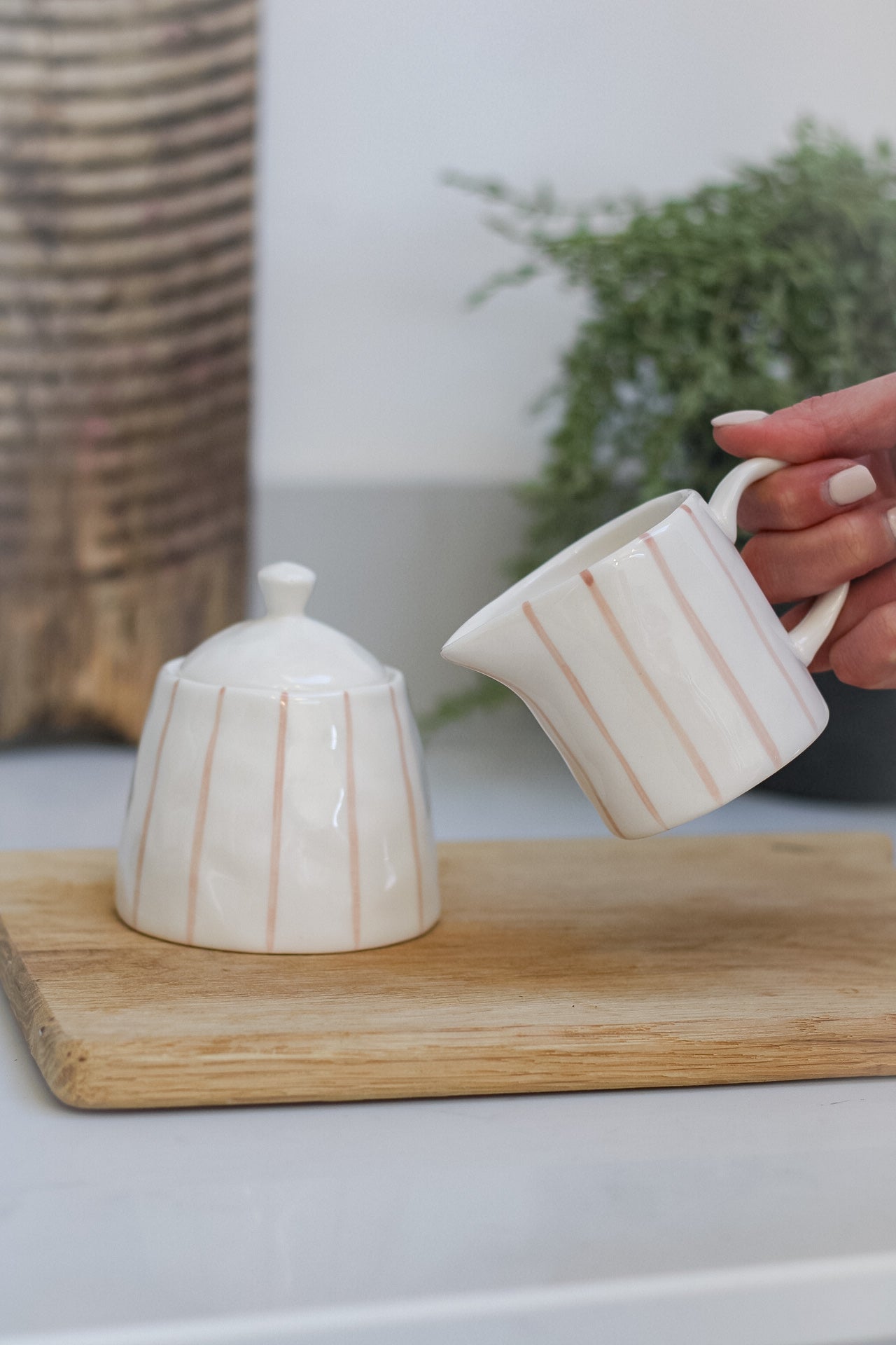 Chalk Pink Striped Jug and Jar Set