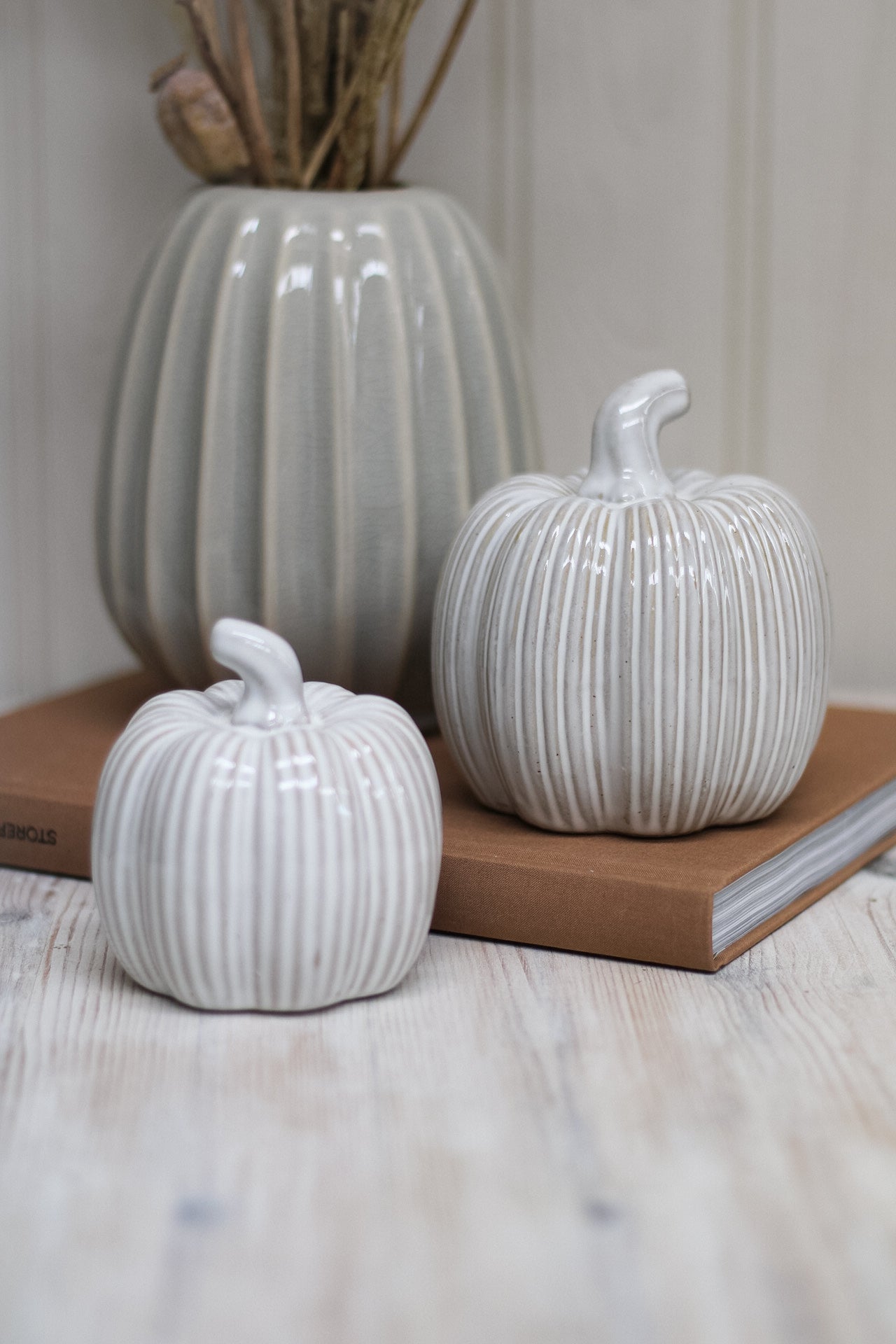 Cream Ribbed Ceramic Pumpkin