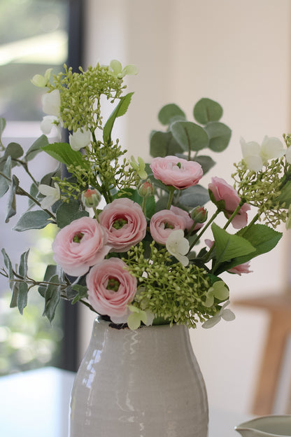 Faux Pink Ranunculus and Eucalyptus Arrangement