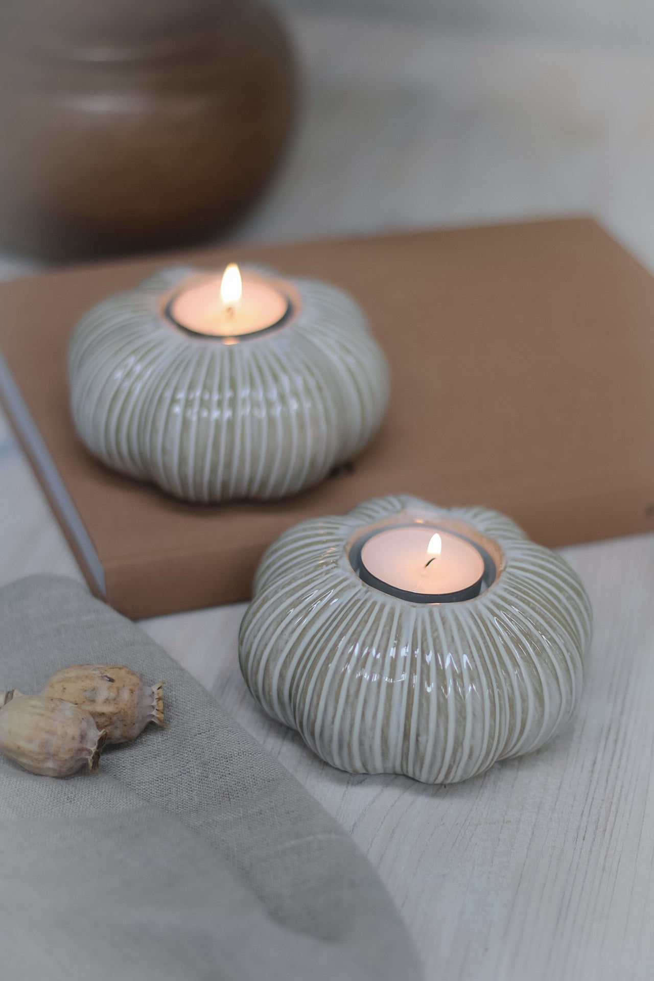 Cream Ribbed Ceramic Pumpkin Tea Light Holder