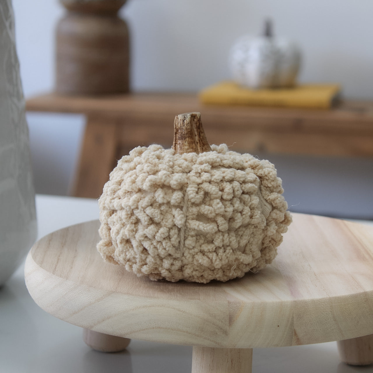 IMPERFECT - Neutral Cotton Pumpkin with Wooden Stalk