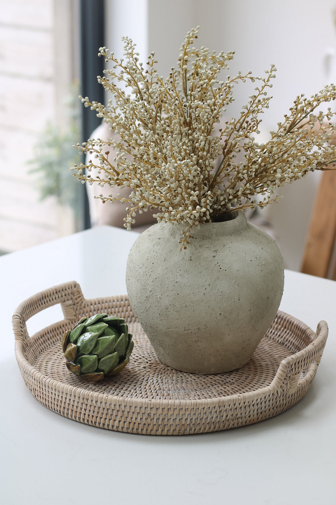 White Washed Round Rattan Tray with Handles