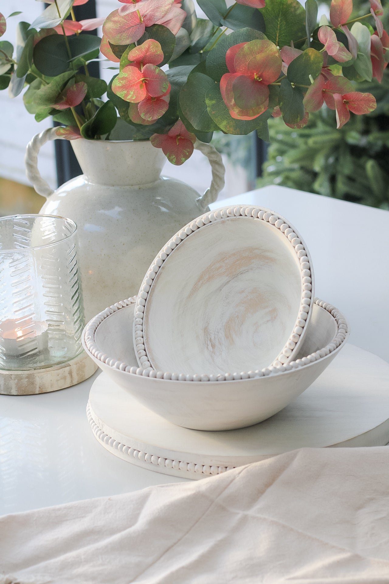 White Rustic Beaded Wooden Bowls