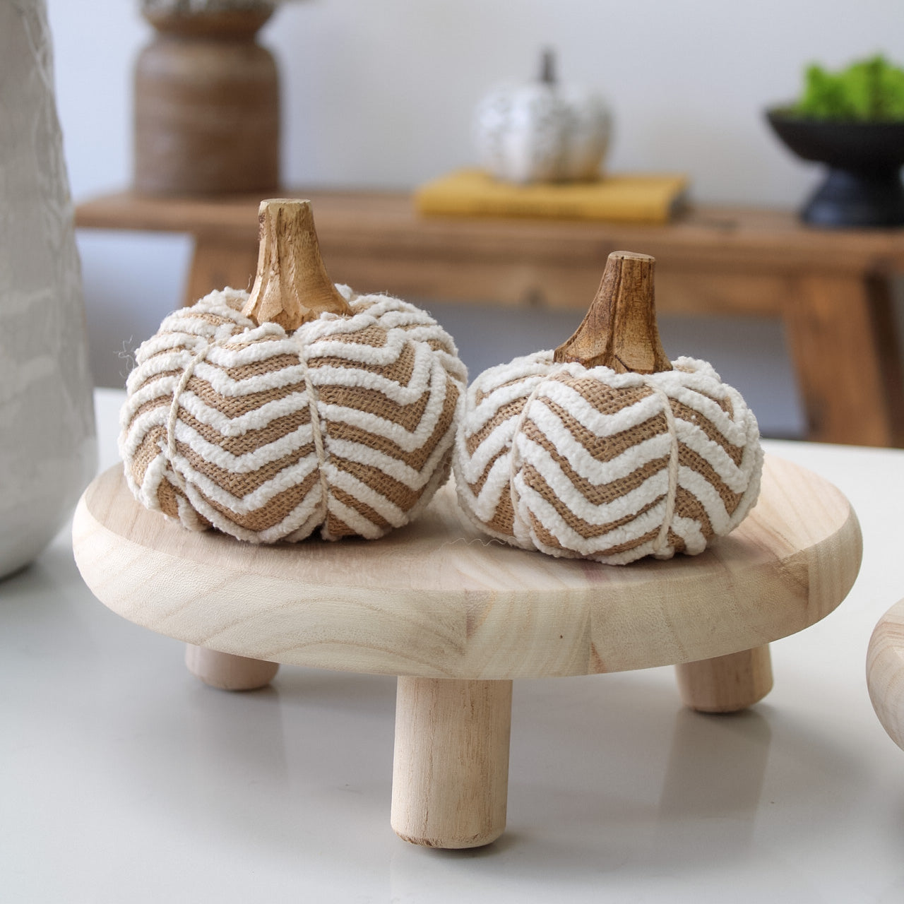 IMPERFECT - Neutral Cotton Pumpkin with Wooden Stalk