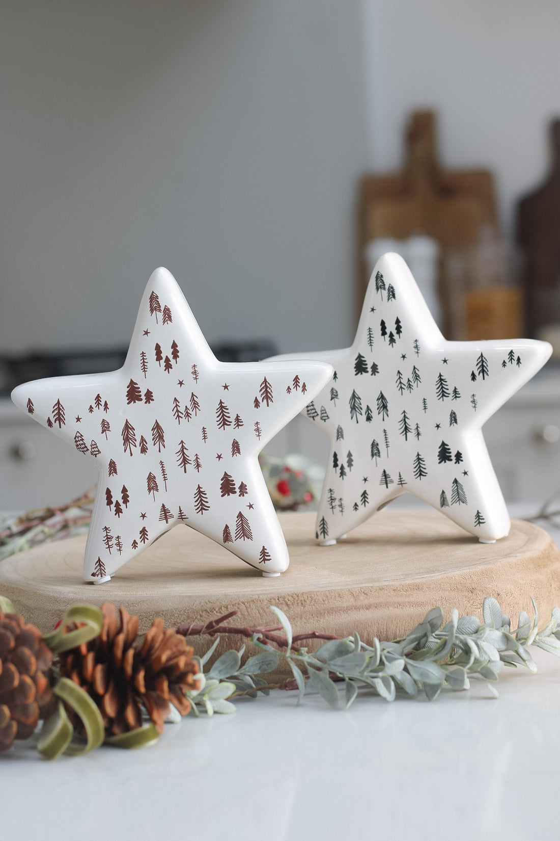 White Ceramic Stars with Brown and Black Trees