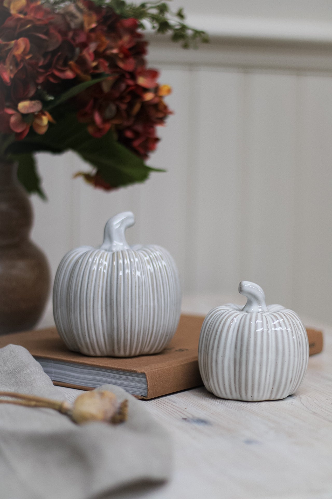 Cream Ribbed Ceramic Pumpkin