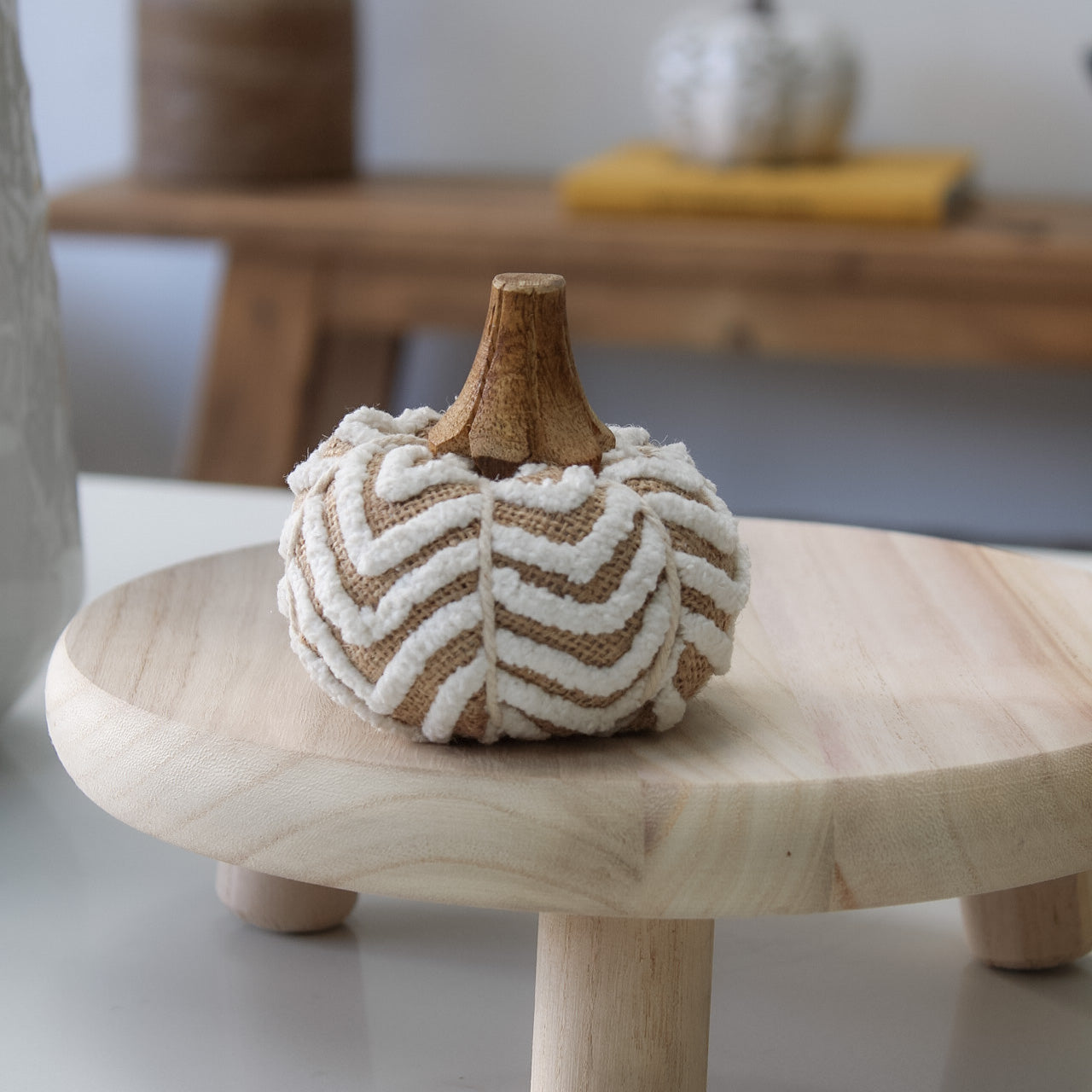 IMPERFECT - Neutral Cotton Pumpkin with Wooden Stalk