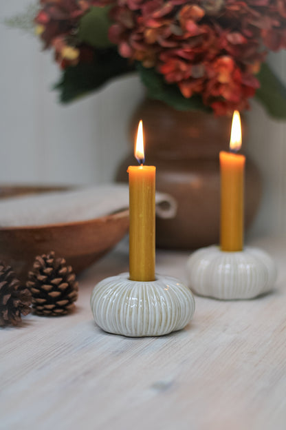 Cream Ribbed Ceramic Pumpkin Dinner Candle Holder