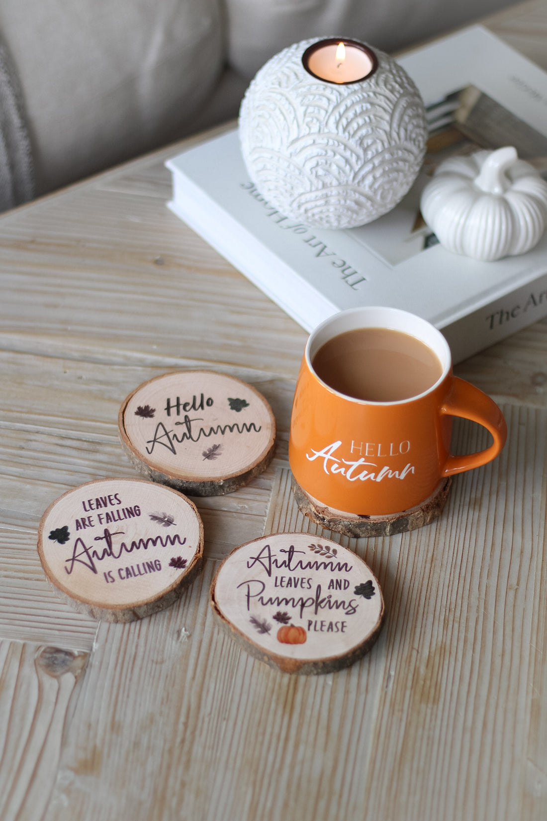 Hello Autumn Wooden Log Coasters | Set of 4