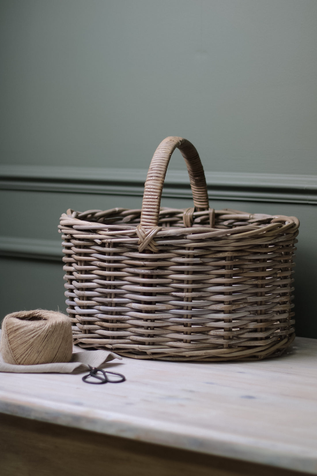 Oval Handled Grey Washed Rattan Basket