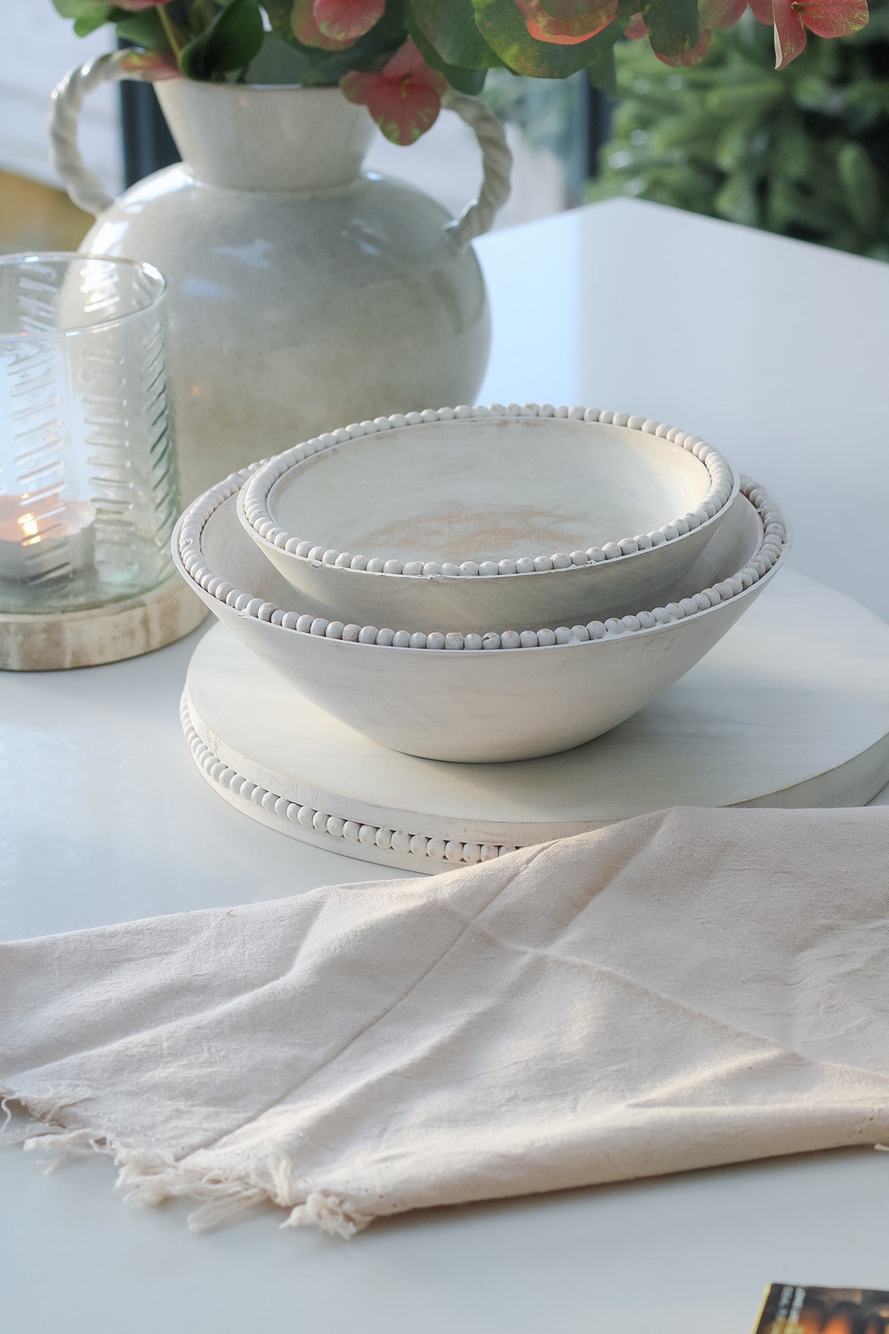 White Rustic Beaded Wooden Bowls