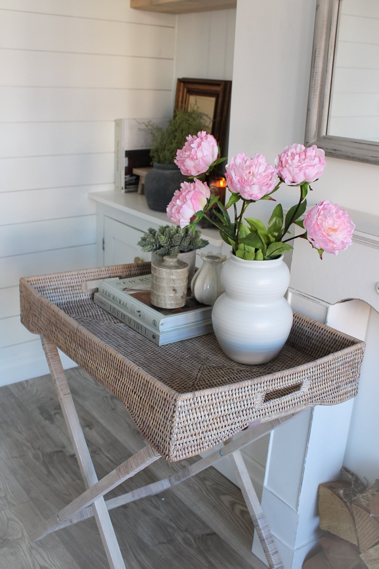 White Washed Natural Rattan Butler Tray with Legs