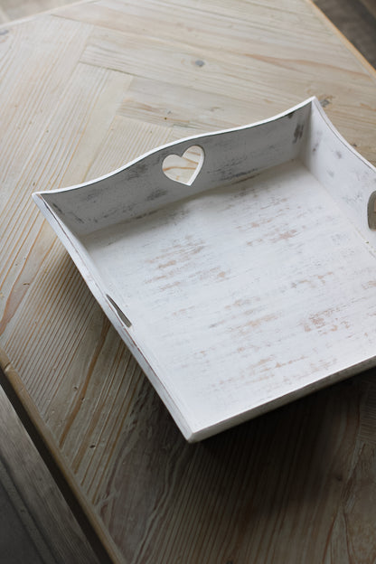 Whitewashed Wooden Square Tray with Hearts