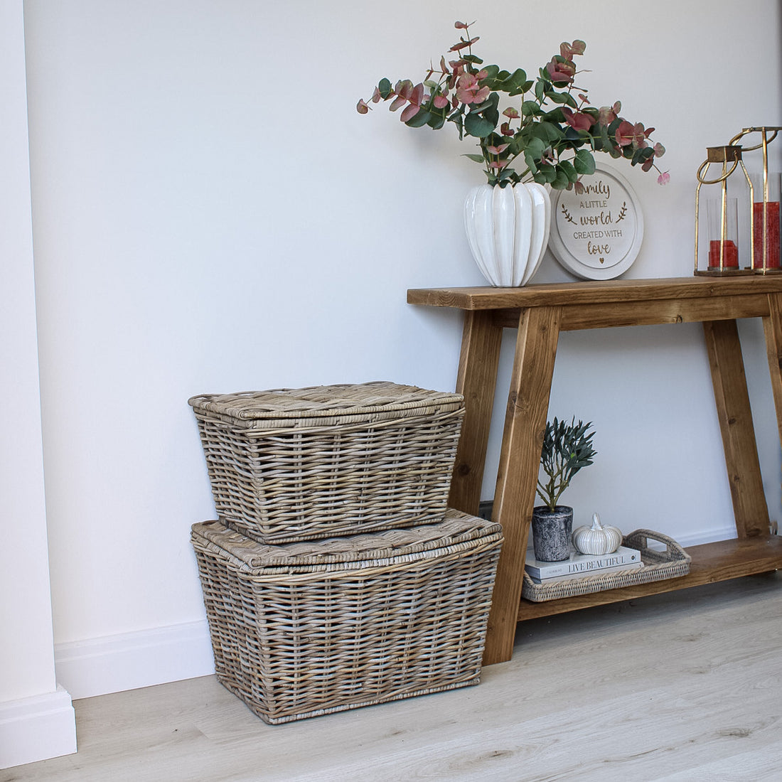 Grey Washed Lidded Rattan Wicker Basket