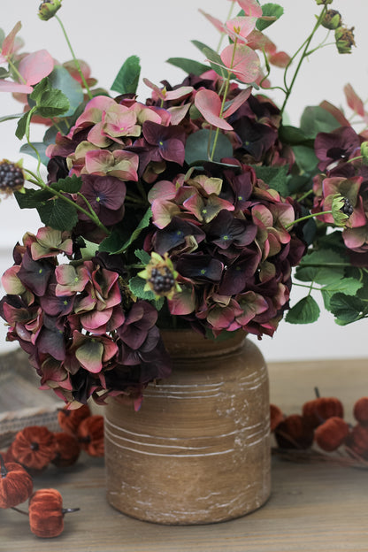 Faux Fig and Olive Hydrangea with Blush Eucalyptus and Blackberries Arrangement