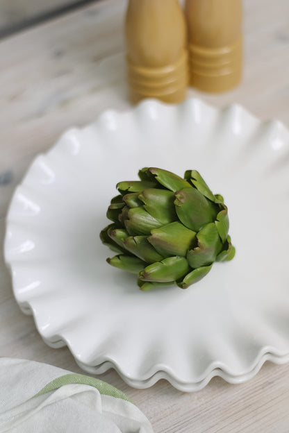 Decorative Faux Green Artichoke Head on ruffled white plate