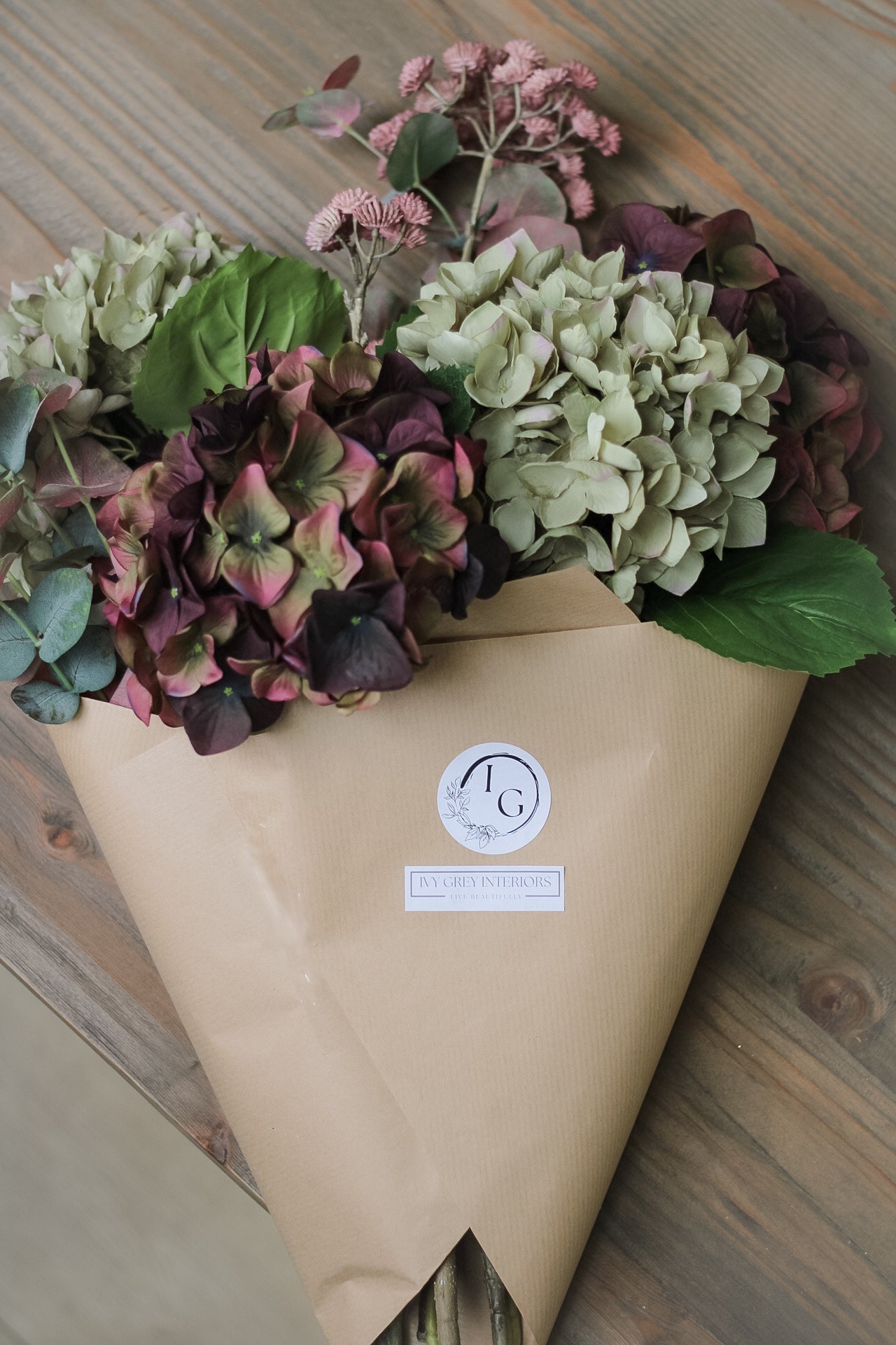 Faux Late Season Hydrangea and Blush Eucalyptus Arrangement