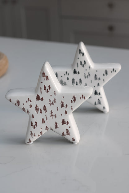 White Ceramic Stars with Brown and Black Trees