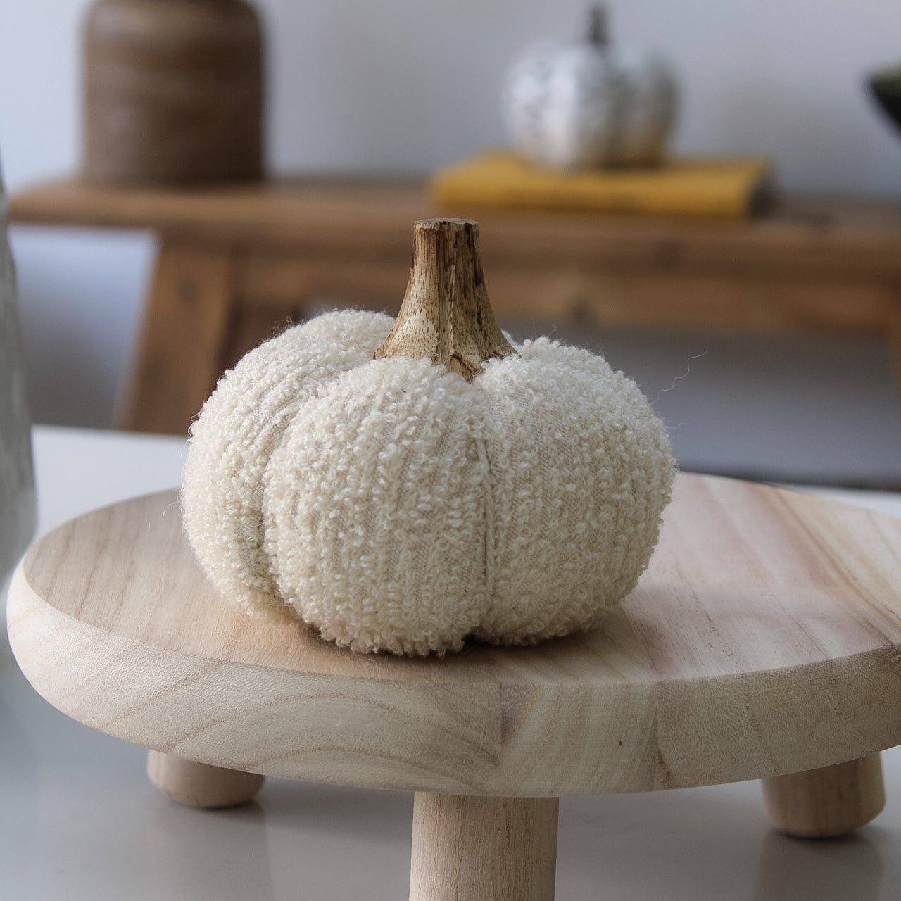 IMPERFECT - Neutral Cotton Pumpkin with Wooden Stalk