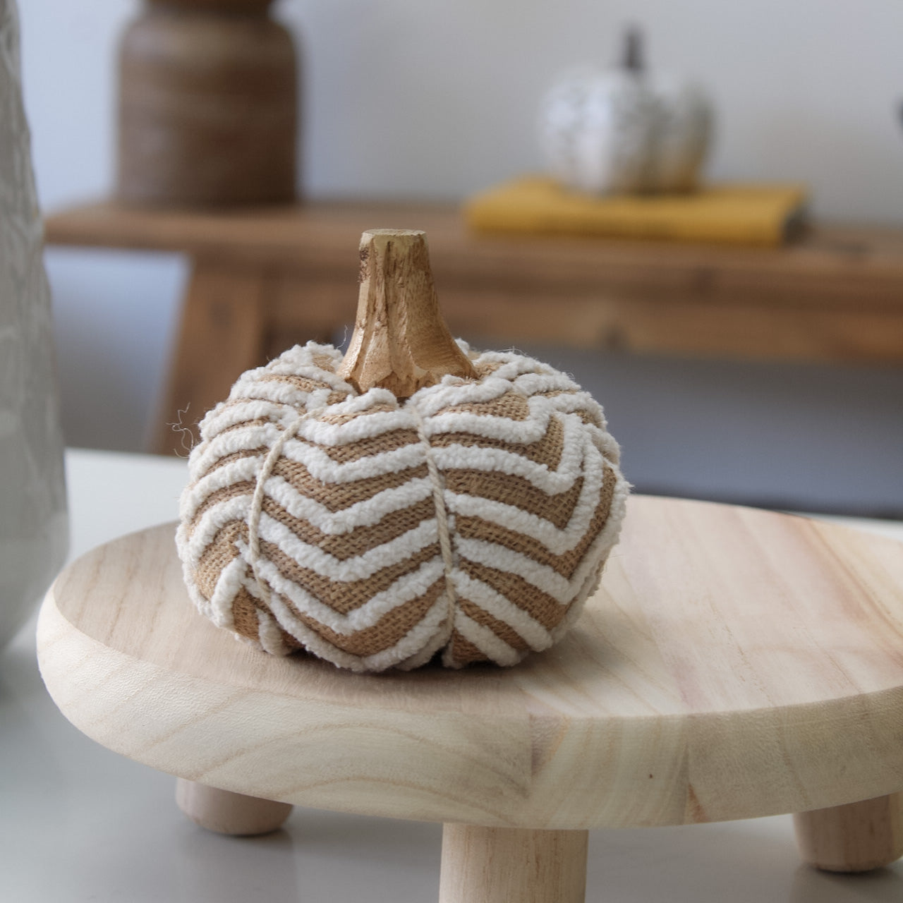 IMPERFECT - Neutral Cotton Pumpkin with Wooden Stalk