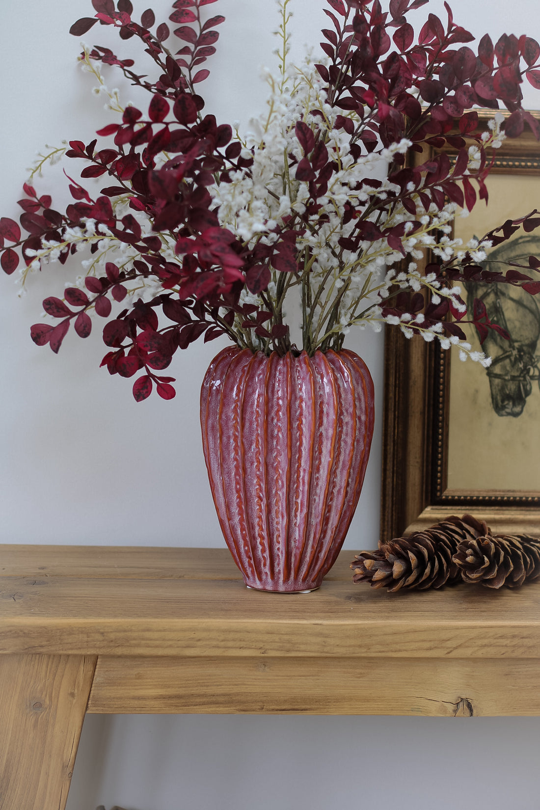 Raspberry Ribbed Ceramic Vase