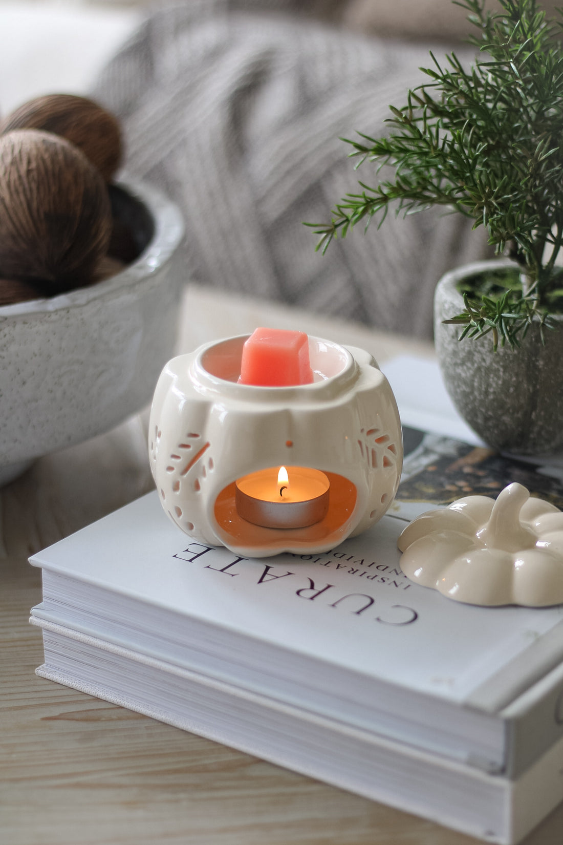 White Autumn Leaves Pumpkin Ceramic Wax Burner