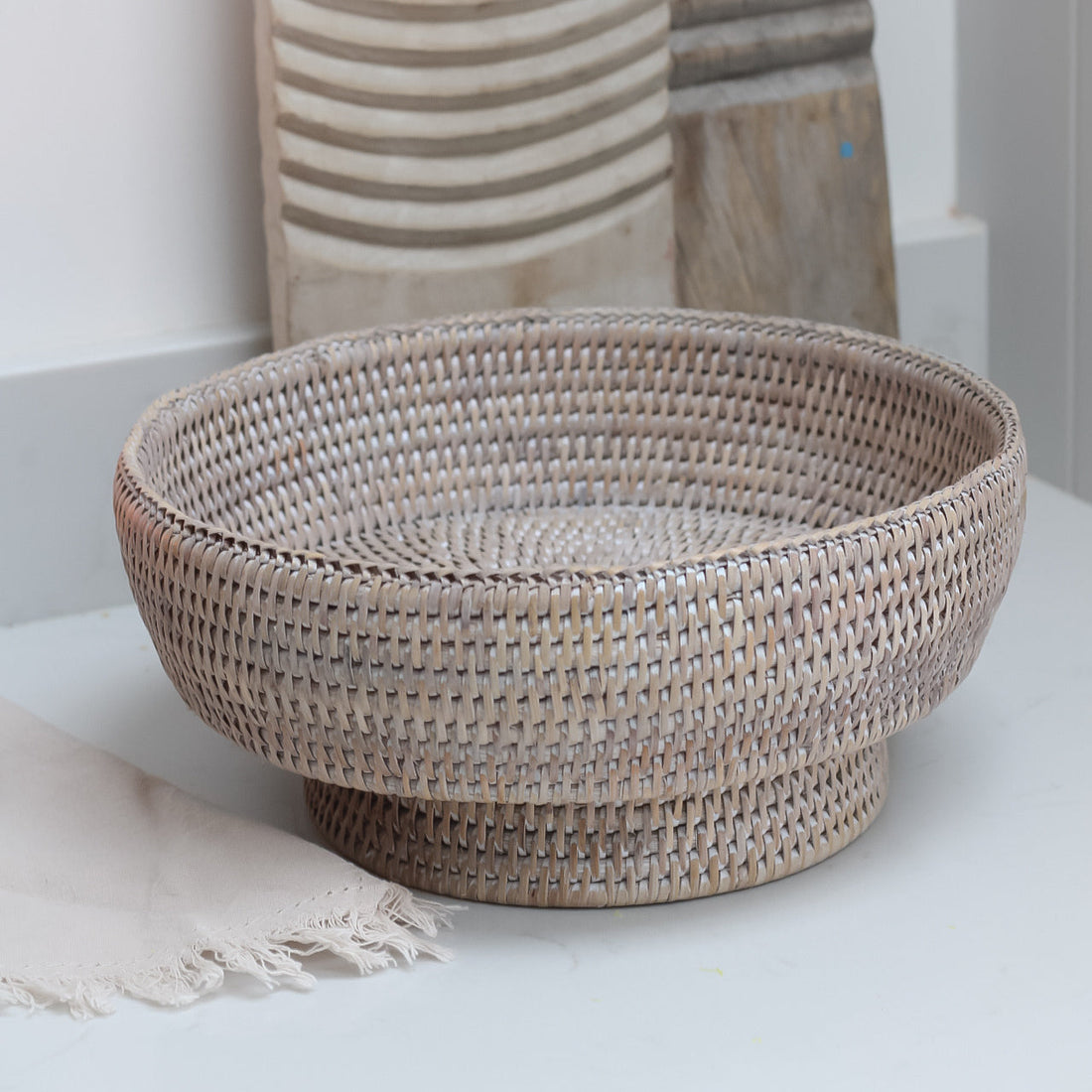 White Washed Natural Rattan Pedestal Bowl