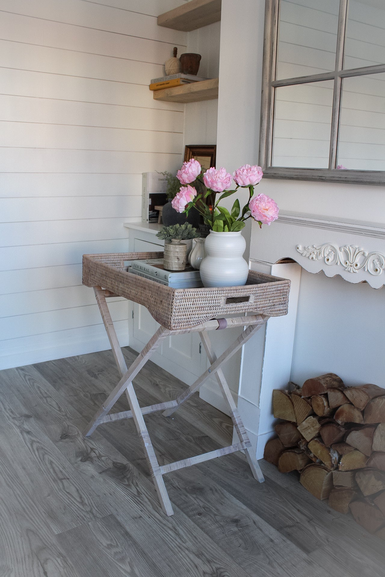 White Washed Natural Rattan Butler Tray with Legs