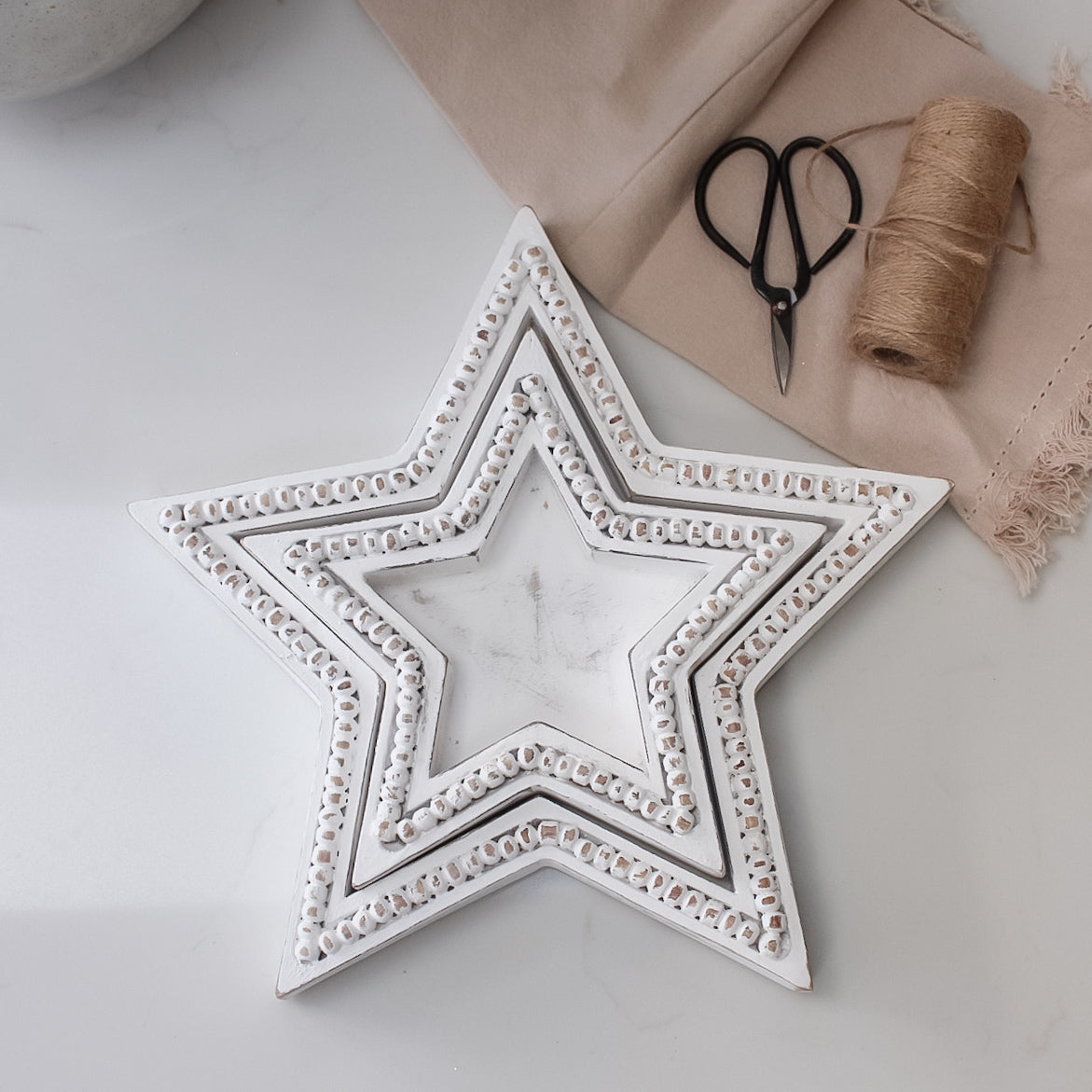 White Wooden Beaded Star Trays | Set of 2