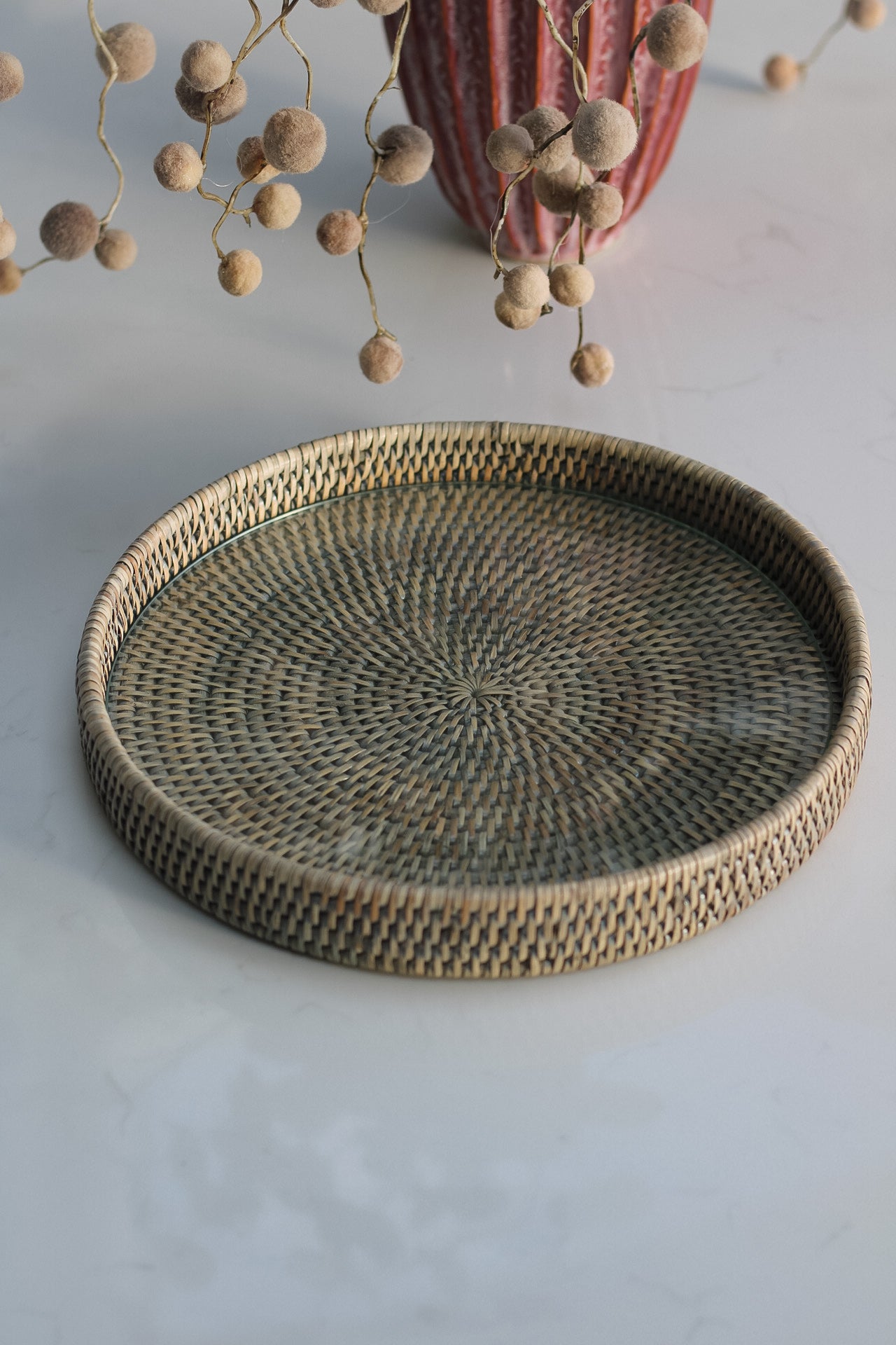 Grey Washed Round Rattan Tray with Glass Top